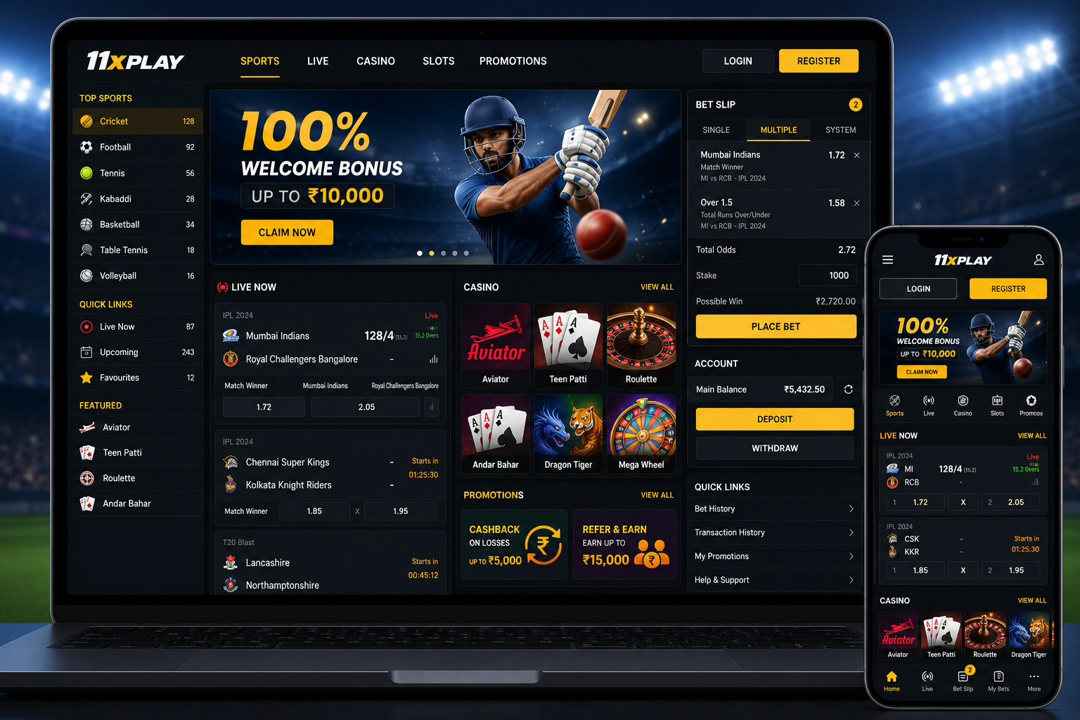 Illustration of the 11xPlay home page displayed on a laptop and smartphone with sports betting, casino games, live matches, and account dashboard in a modern dark-themed interface.