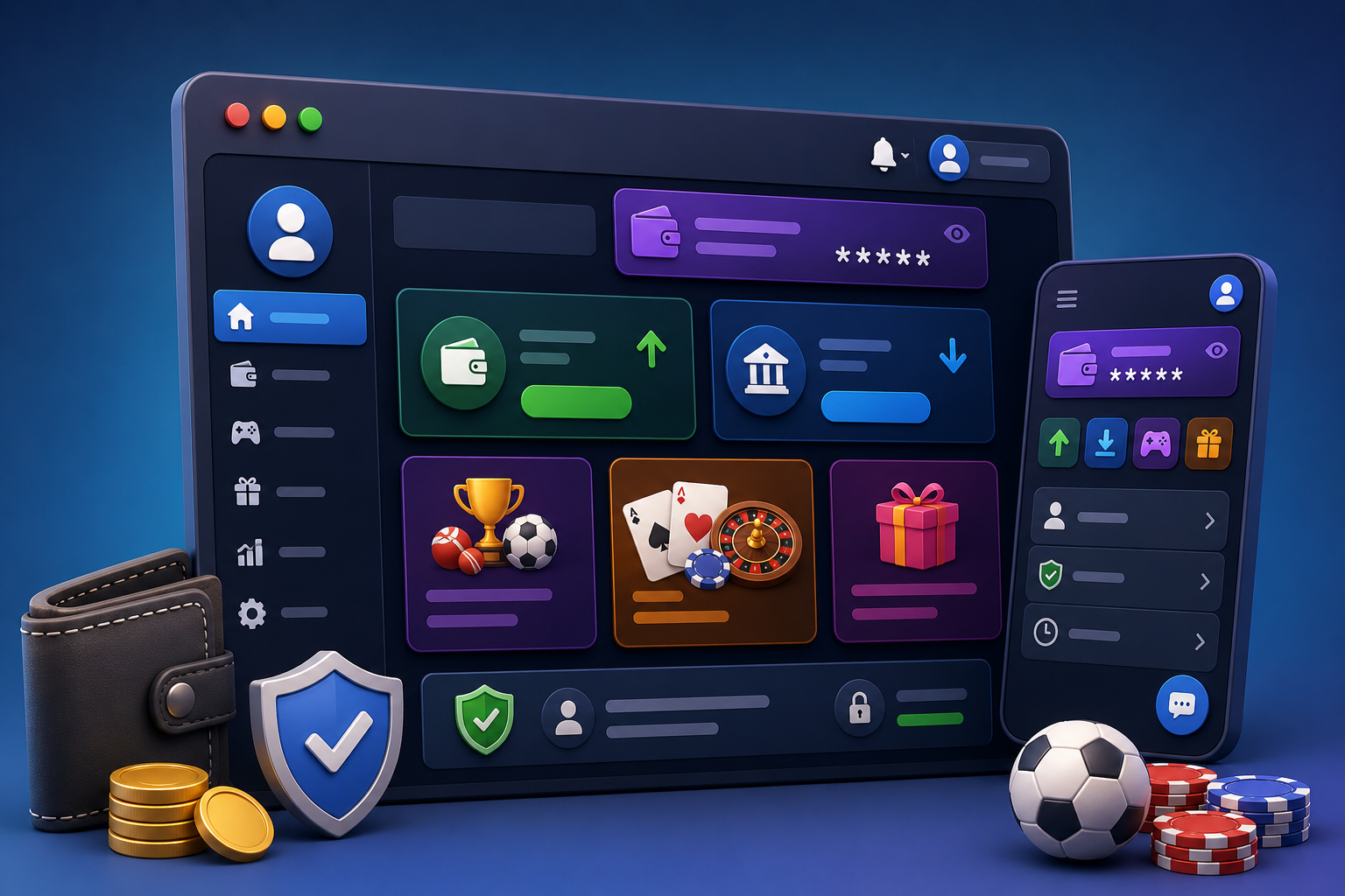 Modern 3D illustration of an 11xplay dashboard featuring wallet, account management, gaming panels, security shield, and mobile interface representing the 11xplay user dashboard.